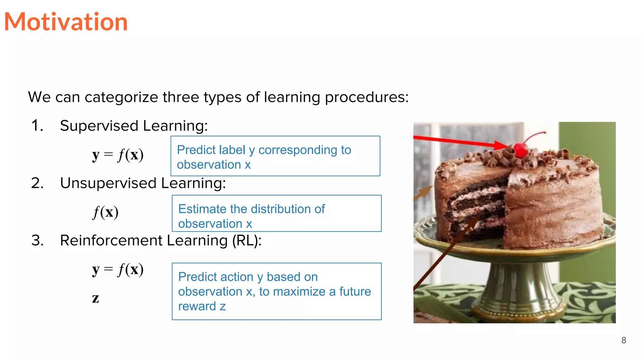 We can categorize three types of learning procedures:
1. Supervised Learning:
= ƒ( )
2. Unsupervised Learning:
ƒ( )
3. Reinforcement Learning (RL):
= ƒ( )
8
Predict label y corresponding to
observation x
Estimate the distribution of
observation x
Predict action y based on
observation x, to maximize a future
reward z
Motivation
 