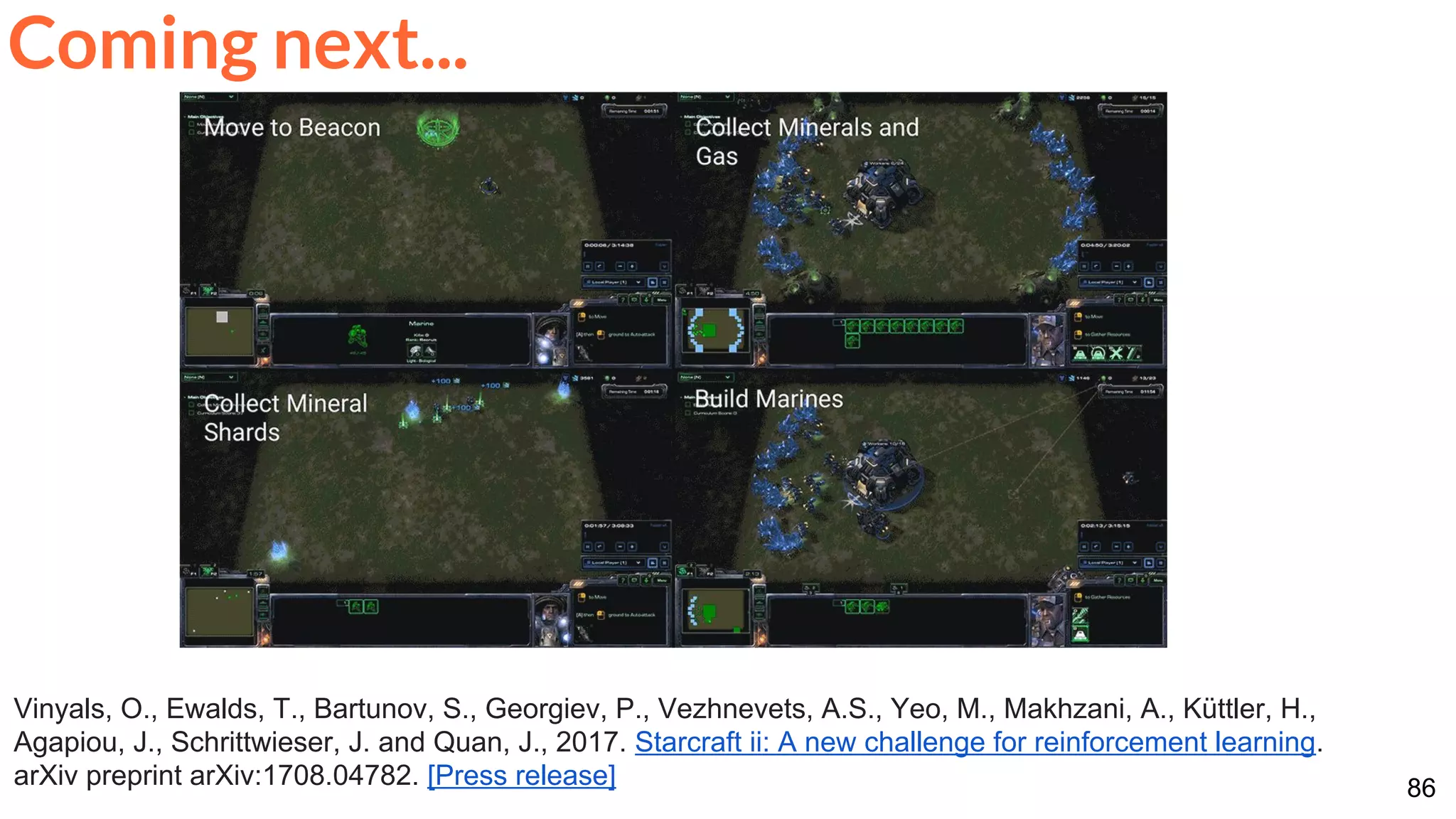 86
Vinyals, O., Ewalds, T., Bartunov, S., Georgiev, P., Vezhnevets, A.S., Yeo, M., Makhzani, A., Küttler, H.,
Agapiou, J., Schrittwieser, J. and Quan, J., 2017. Starcraft ii: A new challenge for reinforcement learning.
arXiv preprint arXiv:1708.04782. [Press release]
Coming next...
 