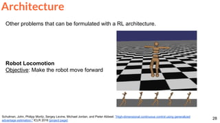 28
Other problems that can be formulated with a RL architecture.
Robot Locomotion
Objective: Make the robot move forward
Architecture
Schulman, John, Philipp Moritz, Sergey Levine, Michael Jordan, and Pieter Abbeel. "High-dimensional continuous control using generalized
advantage estimation." ICLR 2016 [project page]
 