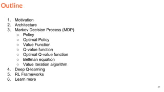 31
Outline
1. Motivation
2. Architecture
3. Markov Decision Process (MDP)
○ Policy
○ Optimal Policy
○ Value Function
○ Q-value function
○ Optimal Q-value function
○ Bellman equation
○ Value iteration algorithm
4. Deep Q-learning
5. RL Frameworks
6. Learn more
 