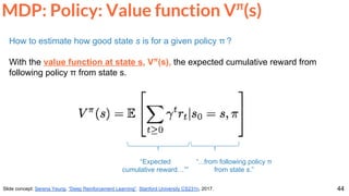 44
MDP: Policy: Value function Vπ
(s)
Slide concept: Serena Yeung, “Deep Reinforcement Learning”. Stanford University CS231n, 2017.
How to estimate how good state s is for a given policy π ?
With the value function at state s, Vπ
(s), the expected cumulative reward from
following policy π from state s.
“...from following policy π
from state s.”
“Expected
cumulative reward…””
 