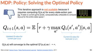 50
MDP: Policy: Solving the Optimal Policy
Slide concept: Serena Yeung, “Deep Reinforcement Learning”. Stanford University CS231n, 2017.
Qi
(s,a) will converge to the optimal Q*(s,a) as i ➝ ∞.
Updated Q-value for
current pair (s,a)
Current Q-value for
next pair (s’,a’)
This iterative approach is not scalable because it
requires computing Qi
(s,a) for every state-action pair.
Eg. If state is current game pixels, computationally unfeasible to compute
Qi
(s,a) for the entire state space !
 