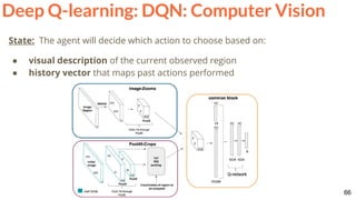66
Deep Q-learning: DQN: Computer Vision
State: The agent will decide which action to choose based on:
● visual description of the current observed region
● history vector that maps past actions performed
 