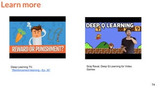 74
Deep Learning TV,
“Reinforcement learning - Ep. 30”
Siraj Raval, Deep Q Learning for Video
Games
Learn more
 
