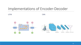 Implementations	of	Encoder-Decoder
LSTM CNN
48
 