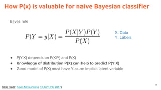 How P(x) is valuable for naive Bayesian classifier
●
●
●
17
X: Data
Y: Labels
Slide credit: Kevin McGuinness (DLCV UPC 2017)
 