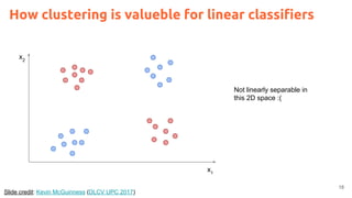 x1
x2
Not linearly separable in
this 2D space :(
18
How clustering is valueble for linear classifiers
Slide credit: Kevin McGuinness (DLCV UPC 2017)
 