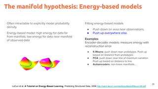 26
The manifold hypothesis: Energy-based models
●
●
●
●
●
LeCun et al, A Tutorial on Energy-Based Learning, Predicting Structured Data, 2006 http://yann.lecun.com/exdb/publis/pdf/lecun-06.pdf
 
