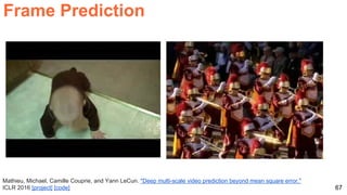67
Mathieu, Michael, Camille Couprie, and Yann LeCun. "Deep multi-scale video prediction beyond mean square error."
ICLR 2016 [project] [code]
Frame Prediction
 