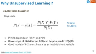 10
eg. Bayesian Classifier
● P(Y|X) depends on P(X|Y) and P(X)
● Knowledge of distribution P(X) can help to predict P(Y|X)
● Good model of P(X) must have Y as an implicit latent variable
Bayes rule
X: Data
Y: Labels
Slide: Kevin McGuinness (DLCV UPC 2017)
Why Unsupervised Learning ?
 