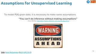 13
Assumptions for Unsupervised Learning
Slide: Kevin McGuinness (DLCV UPC 2017)
To model P(X) given data, it is necessary to make some assumptions
“You can’t do inference without making assumptions”
-- David MacKay, Information Theory, Inference, and Learning Algorithms
 