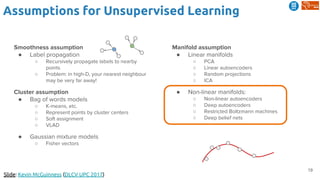 19
Assumptions for Unsupervised Learning
Slide: Kevin McGuinness (DLCV UPC 2017)
Smoothness assumption
● Label propagation
○ Recursively propagate labels to nearby
points
○ Problem: in high-D, your nearest neighbour
may be very far away!
Cluster assumption
● Bag of words models
○ K-means, etc.
○ Represent points by cluster centers
○ Soft assignment
○ VLAD
● Gaussian mixture models
○ Fisher vectors
Manifold assumption
● Linear manifolds
○ PCA
○ Linear autoencoders
○ Random projections
○ ICA
● Non-linear manifolds:
○ Non-linear autoencoders
○ Deep autoencoders
○ Restricted Boltzmann machines
○ Deep belief nets
 