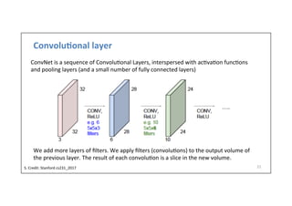 Convolu)onal	
  layer	
  
21	
  
ConvNet	
  is	
  a	
  sequence	
  of	
  Convolu-onal	
  Layers,	
  interspersed	
  with	
  ac-va-on	
  func-ons	
  
and	
  pooling	
  layers	
  (and	
  a	
  small	
  number	
  of	
  fully	
  connected	
  layers)
We	
  add	
  more	
  layers	
  of	
  ﬁlters.	
  We	
  apply	
  ﬁlters	
  (convolu-ons)	
  to	
  the	
  output	
  volume	
  of	
  
the	
  previous	
  layer.	
  The	
  result	
  of	
  each	
  convolu-on	
  is	
  a	
  slice	
  in	
  the	
  new	
  volume.	
  
S.	
  Credit:	
  Stanford	
  cs231_2017	
  	
  
 