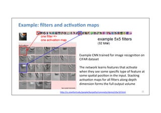Example:	
  ﬁlters	
  and	
  ac)va)on	
  maps	
  
22	
  
Example	
  CNN	
  trained	
  for	
  image	
  recogni-on	
  on	
  
CIFAR	
  dataset	
  
	
  
The	
  network	
  learns	
  features	
  that	
  ac-vate	
  
when	
  they	
  see	
  some	
  speciﬁc	
  type	
  of	
  feature	
  at	
  
some	
  spa-al	
  posi-on	
  in	
  the	
  input.	
  Stacking	
  
ac-va-on	
  maps	
  for	
  all	
  ﬁlters	
  along	
  depth	
  
dimension	
  forms	
  the	
  full	
  output	
  volume	
  
hlp://cs.stanford.edu/people/karpathy/convnetjs/demo/cifar10.html	
  
 