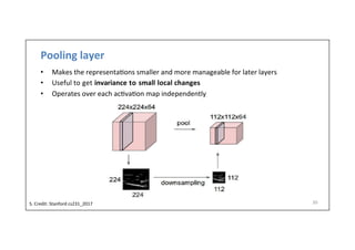 Pooling	
  layer	
  
•  Makes	
  the	
  representa-ons	
  smaller	
  and	
  more	
  manageable	
  for	
  later	
  layers	
  
•  Useful	
  to	
  get	
  invariance	
  to	
  small	
  local	
  changes	
  
•  Operates	
  over	
  each	
  ac-va-on	
  map	
  independently	
  
30	
  S.	
  Credit:	
  Stanford	
  cs231_2017	
  	
  
 