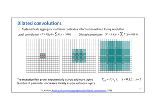 Dilated	
  convolu)ons	
  
•  Systema-cally	
  aggregate	
  mul-scale	
  contextual	
  informa-on	
  without	
  losing	
  resolu-on	
  
Usual	
  convolu-on 	
   	
   	
   	
   	
   	
  	
  	
  	
  	
  	
  Dilated	
  convolu-on	
  
	
  
47	
  
Yu,	
  Koltun,	
  Mul--­‐scale	
  context	
  aggrega-on	
  by	
  dilated	
  convolu-ons,	
  2016	
  
(F ∗k)( p) = F( p − t)k(t)
t
∑ (F ∗l
k)( p) = F( p − lt)k(t)
t
∑
Fi+1
= Fi
∗2i ki
i = 0,1,2,...n − 2The	
  recep-ve	
  ﬁeld	
  grows	
  exponen-ally	
  as	
  you	
  add	
  more	
  layers	
  
Number	
  of	
  parameters	
  increases	
  linearly	
  as	
  you	
  add	
  more	
  layers	
  
 