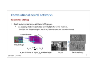 Convolu)onal	
  neural	
  networks	
  
Parameter	
  sharing	
  
	
  
•  Each	
  feature	
  map	
  forms	
  a	
  2D	
  grid	
  of	
  features	
  
•  can	
  be	
  computed	
  with	
  a	
  discrete	
  convolu)on	
  of	
  a	
  kernel	
  matrix	
  kij	
  	
  
	
  which	
  is	
  the	
  hidden	
  weights	
  matrix	
  Wij	
  with	
  its	
  rows	
  and	
  columns	
  ﬂipped	
  
8	
  
Convolu-ons	
  
Input	
  image	
  
Input	
   Feature	
  Map	
  
...	
  
yj
= f ( kij
∗ xi
)
i
∑
xi	
  ith	
  channel	
  of	
  input,	
  yj	
  hidden	
  layer	
  
S.	
  Credit:	
  H.	
  Larochelle	
  
 