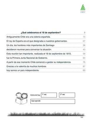 ¿Qué celebramos el 18 de septiembre?
decidieron reunirse para conversar la situación.
Antiguamente Chile era una colonia española.
Esta reunión tan importante, realizada el 18 de septiembre de 1810,
El rey de España era el que designaba a nuestros gobernantes.
fue la Primera Junta Nacional de Gobierno.
hoy somos un país independiente.
Gracias a la valentía de muchos hombres
Un día, los hombres más importantes de Santiago
A partir de ese momento Chile comenzó a gestar su independencia.
8
43
27
64
89
87
15
56
36
76
100
 