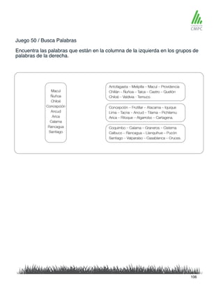 Juego 50 / Busca Palabras
Encuentra las palabras que están en la columna de la izquierda en los grupos de
palabras de la derecha.
106
 