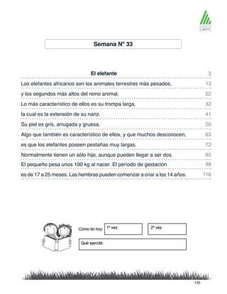 Semana Nº 33
El elefante
la cual es la extensión de su nariz.
Los elefantes africanos son los animales terrestres más pesados,
Su piel es gris, arrugada y gruesa.
y los segundos más altos del reino animal.
Algo que también es característico de ellos, y que muchos desconocen,
El pequeño pesa unos 100 kg al nacer. El período de gestación
Normalmente tienen un sólo hijo, aunque pueden llegar a ser dos.
Lo más característico de ellos es su trompa larga,
es que los elefantes poseen pestañas muy largas.
es de 17 a 25 meses. Las hembras pueden comenzar a criar a los 14 años.
3
41
22
63
98
85
13
50
32
72
116
135
 