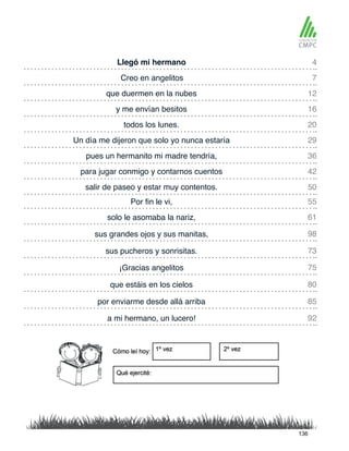 Llegó mi hermano
todos los lunes.
Creo en angelitos
Un día me dijeron que solo yo nunca estaría
que duermen en la nubes
pues un hermanito mi madre tendría,
Por fin le vi,
salir de paseo y estar muy contentos.
y me envían besitos
para jugar conmigo y contarnos cuentos
solo le asomaba la nariz,
sus pucheros y sonrisitas.
por enviarme desde allá arriba
sus grandes ojos y sus manitas,
que estáis en los cielos
¡Gracias angelitos
a mi hermano, un lucero!
4
20
12
36
55
50
7
29
16
42
61
73
85
98
80
75
92
136
 