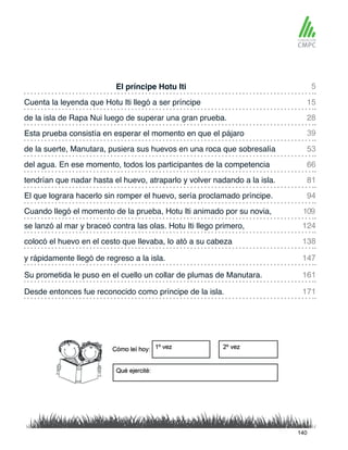 El príncipe Hotu Iti
de la suerte, Manutara, pusiera sus huevos en una roca que sobresalía
Cuenta la leyenda que Hotu Iti llegó a ser príncipe
del agua. En ese momento, todos los participantes de la competencia
de la isla de Rapa Nui luego de superar una gran prueba.
tendrían que nadar hasta el huevo, atraparlo y volver nadando a la isla.
se lanzó al mar y braceó contra las olas. Hotu Iti llego primero,
Cuando llegó el momento de la prueba, Hotu Iti animado por su novia,
Esta prueba consistía en esperar el momento en que el pájaro
El que lograra hacerlo sin romper el huevo, sería proclamado príncipe.
colocó el huevo en el cesto que llevaba, lo ató a su cabeza
Su prometida le puso en el cuello un collar de plumas de Manutara.
y rápidamente llegó de regreso a la isla.
Desde entonces fue reconocido como príncipe de la isla.
5
53
28
81
124
109
15
66
39
94
138
161
147
171
140
 