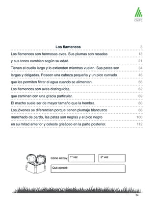 Los flamencos 3
46
21
62
80
88
100
112
13
56
34
69
largas y delgadas. Poseen una cabeza pequeña y un pico curvado
Los flamencos son hermosas aves. Sus plumas son rosadas
que les permiten filtrar el agua cuando se alimentan.
y sus tonos cambian según su edad.
Los flamencos son aves distinguidas,
El macho suele ser de mayor tamaño que la hembra.
Los jóvenes se diferencian porque tienen plumaje blancuzco
manchado de pardo, las patas son negras y el pico negro
en su mitad anterior y celeste grisáceo en la parte posterior.
Tienen el cuello largo y lo extienden mientras vuelan. Sus patas son
que caminan con una gracia particular.
54
 
