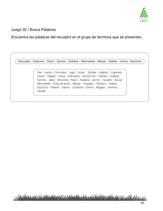 Juego 32 / Busca Palabras
Encuentra las palabras del recuadro en el grupo de términos que se presentan.
68
 