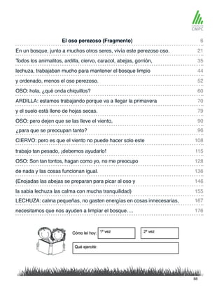 El oso perezoso (Fragmento)
y ordenado, menos el oso perezoso.
trabajo tan pesado, ¡debemos ayudarlo!
En un bosque, junto a muchos otros seres, vivía este perezoso oso.
OSO: hola, ¿qué onda chiquillos?
OSO: Son tan tontos, hagan como yo, no me preocupo
Todos los animalitos, ardilla, ciervo, caracol, abejas, gorrión,
ARDILLA: estamos trabajando porque va a llegar la primavera
de nada y las cosas funcionan igual.
¿para que se preocupan tanto?
LECHUZA: calma pequeñas, no gasten energías en cosas innecesarias,
OSO: pero dejen que se las lleve el viento,
la sabia lechuza las calma con mucha tranquilidad)
lechuza, trabajaban mucho para mantener el bosque limpio
y el suelo está lleno de hojas secas.
(Enojadas las abejas se preparan para picar al oso y
CIERVO: pero es que el viento no puede hacer solo este
necesitamos que nos ayuden a limpiar el bosque….
6
52
115
35
70
136
96
167
90
155
21
60
128
44
79
146
108
176
88
 