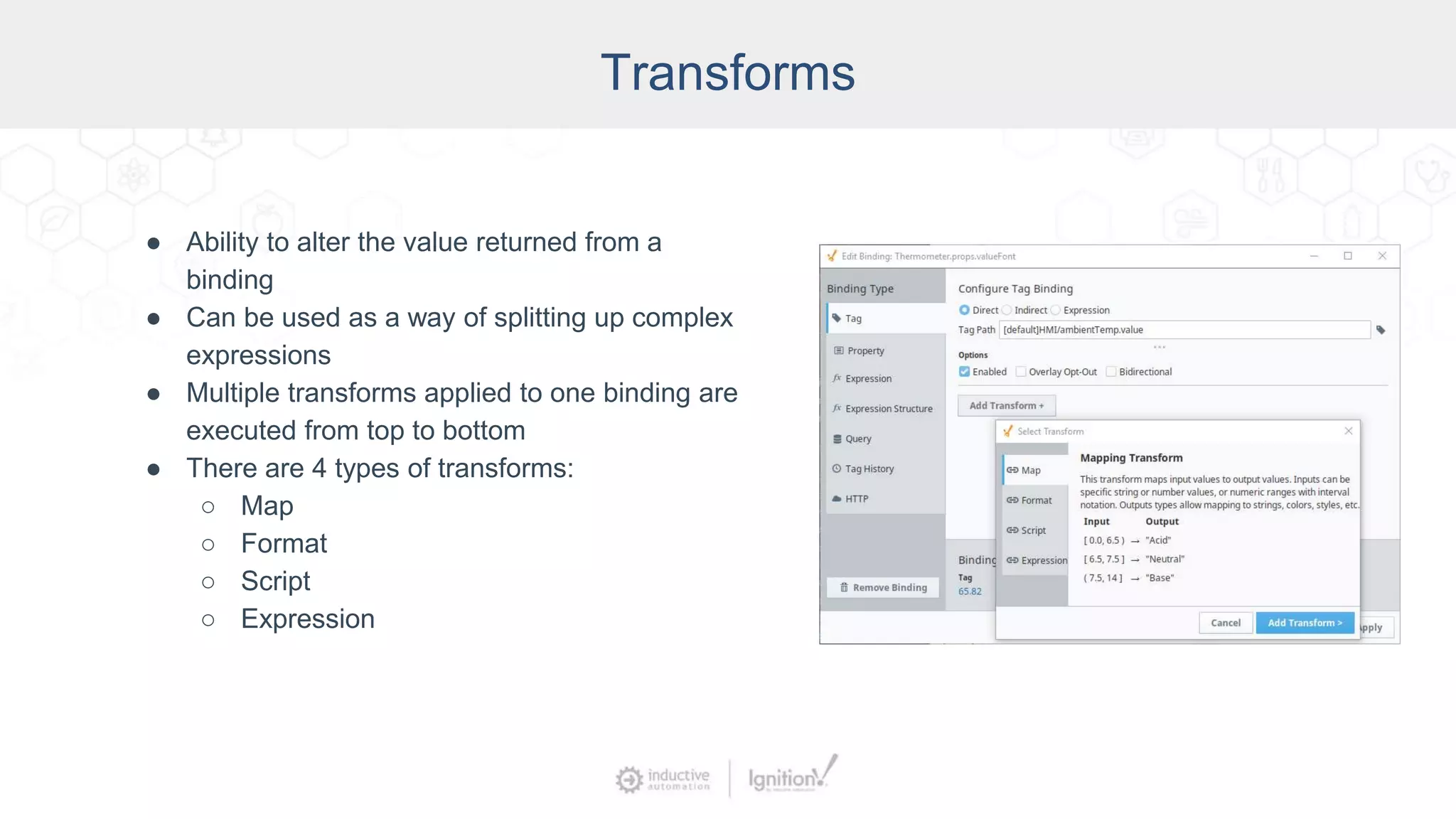 Transforms
● Ability to alter the value returned from a
binding
● Can be used as a way of splitting up complex
expressions
● Multiple transforms applied to one binding are
executed from top to bottom
● There are 4 types of transforms:
○ Map
○ Format
○ Script
○ Expression
 