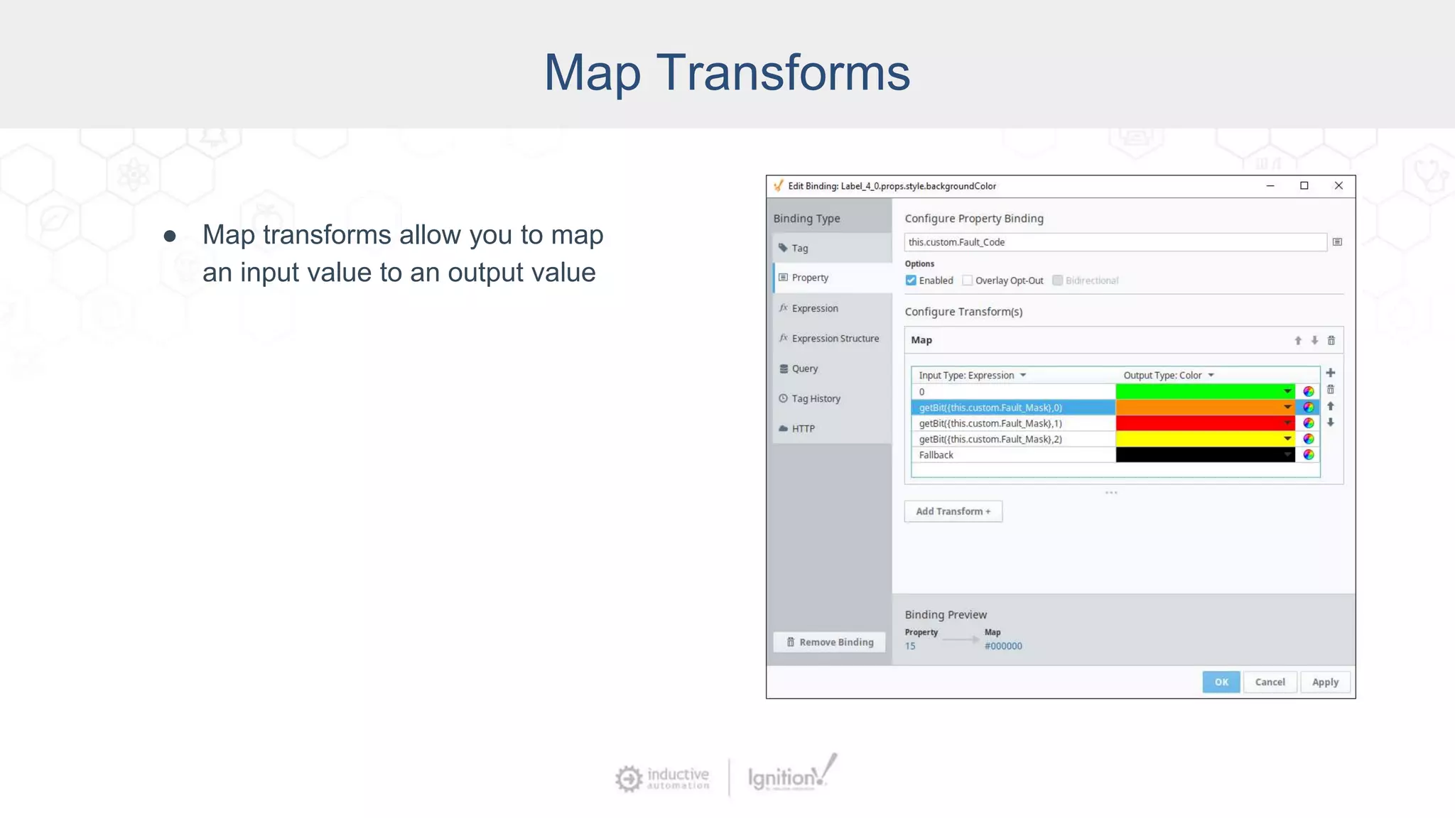 Map Transforms
● Map transforms allow you to map
an input value to an output value
 