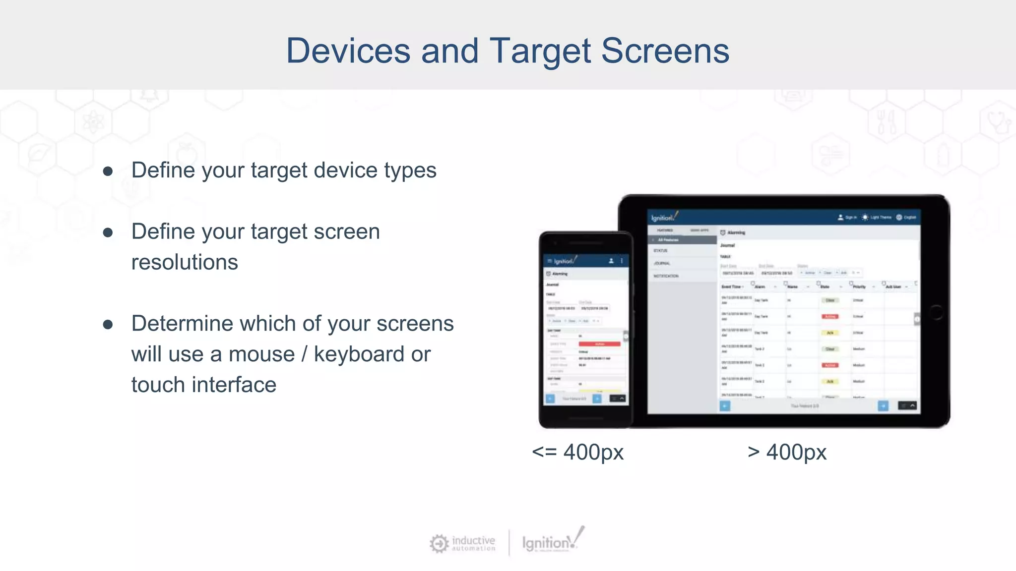 Devices and Target Screens
● Define your target device types
● Define your target screen
resolutions
● Determine which of your screens
will use a mouse / keyboard or
touch interface
<= 400px > 400px
 