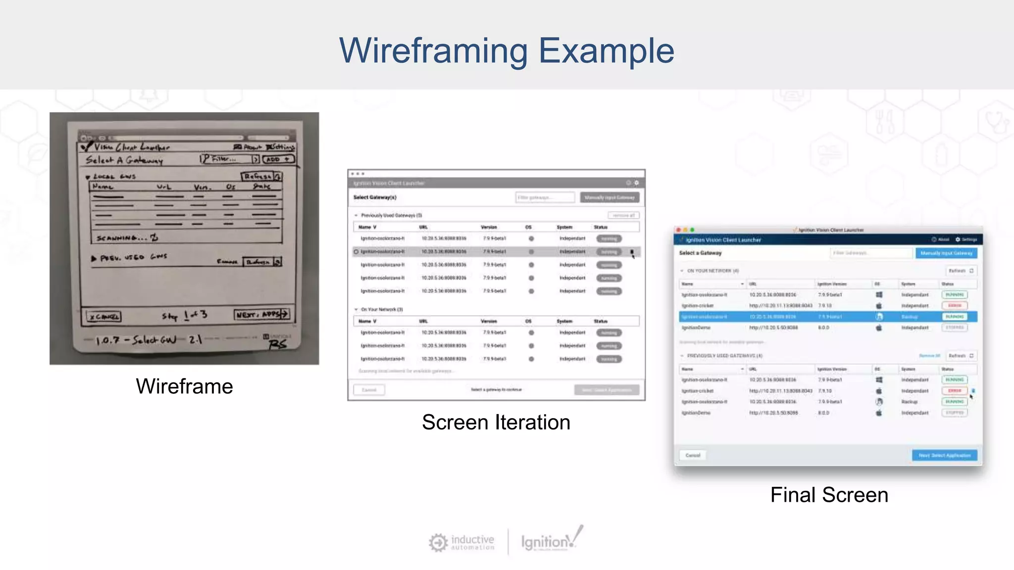 Wireframing Example
Wireframe
Screen Iteration
Final Screen
 