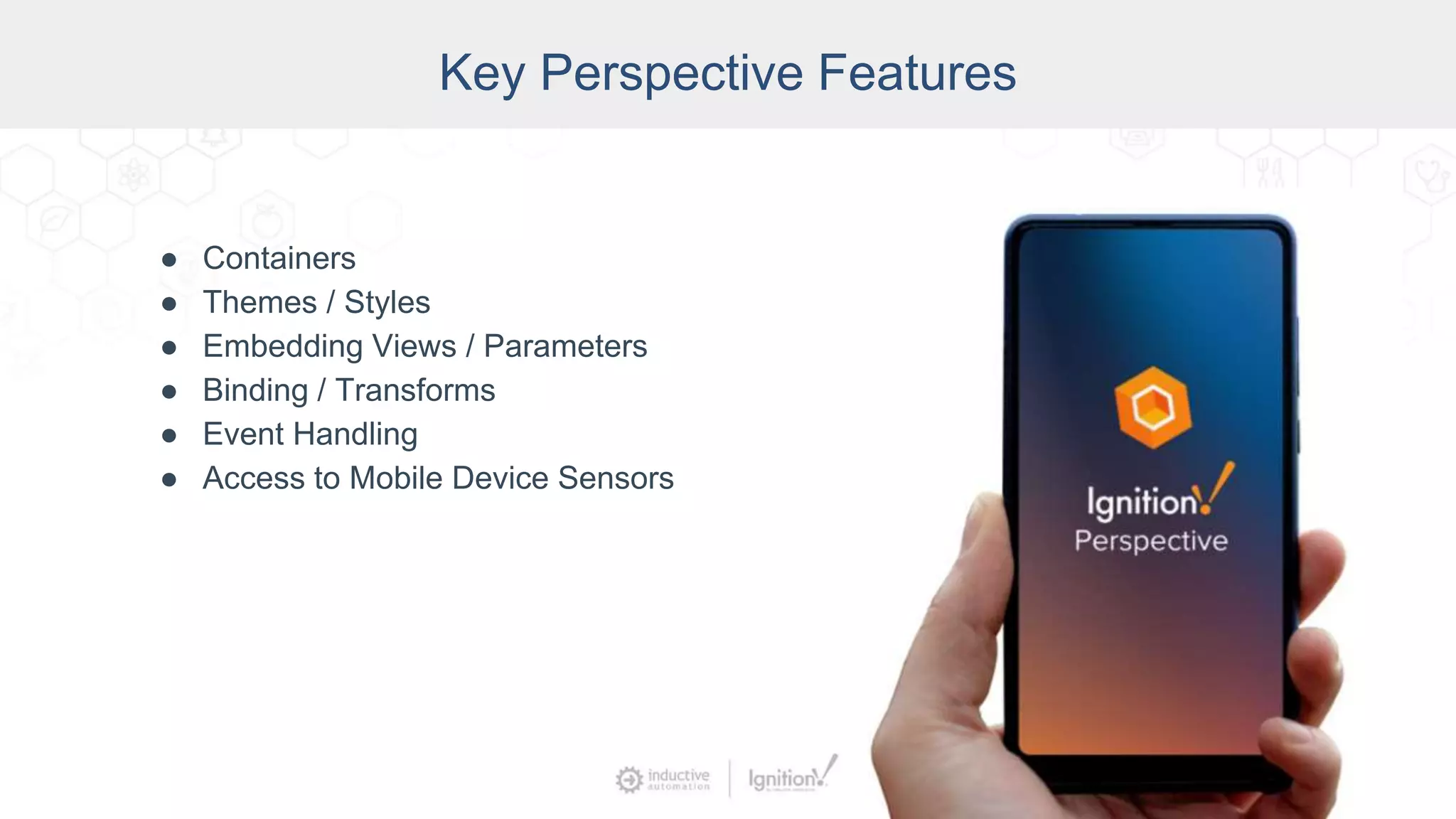 Key Perspective Features
● Containers
● Themes / Styles
● Embedding Views / Parameters
● Binding / Transforms
● Event Handling
● Access to Mobile Device Sensors
 