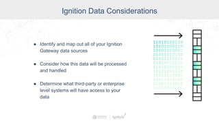 Ignition Data Considerations
● Identify and map out all of your Ignition
Gateway data sources
● Consider how this data will be processed
and handled
● Determine what third-party or enterprise
level systems will have access to your
data
 