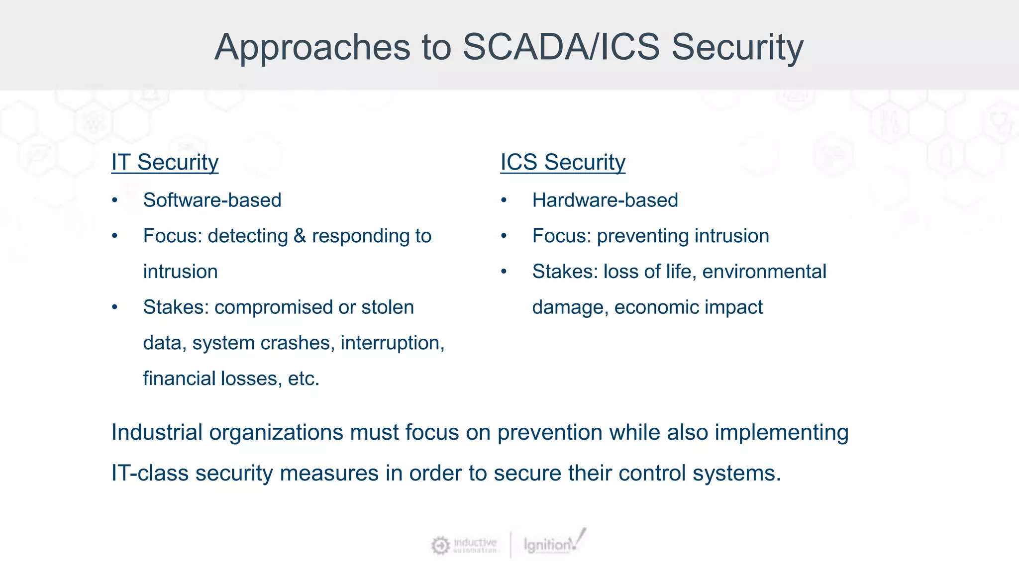 Approaches to SCADA/ICS Security
IT Security
• Software-based
• Focus: detecting & responding to
intrusion
• Stakes: compromised or stolen
data, system crashes, interruption,
financial losses, etc.
ICS Security
• Hardware-based
• Focus: preventing intrusion
• Stakes: loss of life, environmental
damage, economic impact
Industrial organizations must focus on prevention while also implementing
IT-class security measures in order to secure their control systems.
 