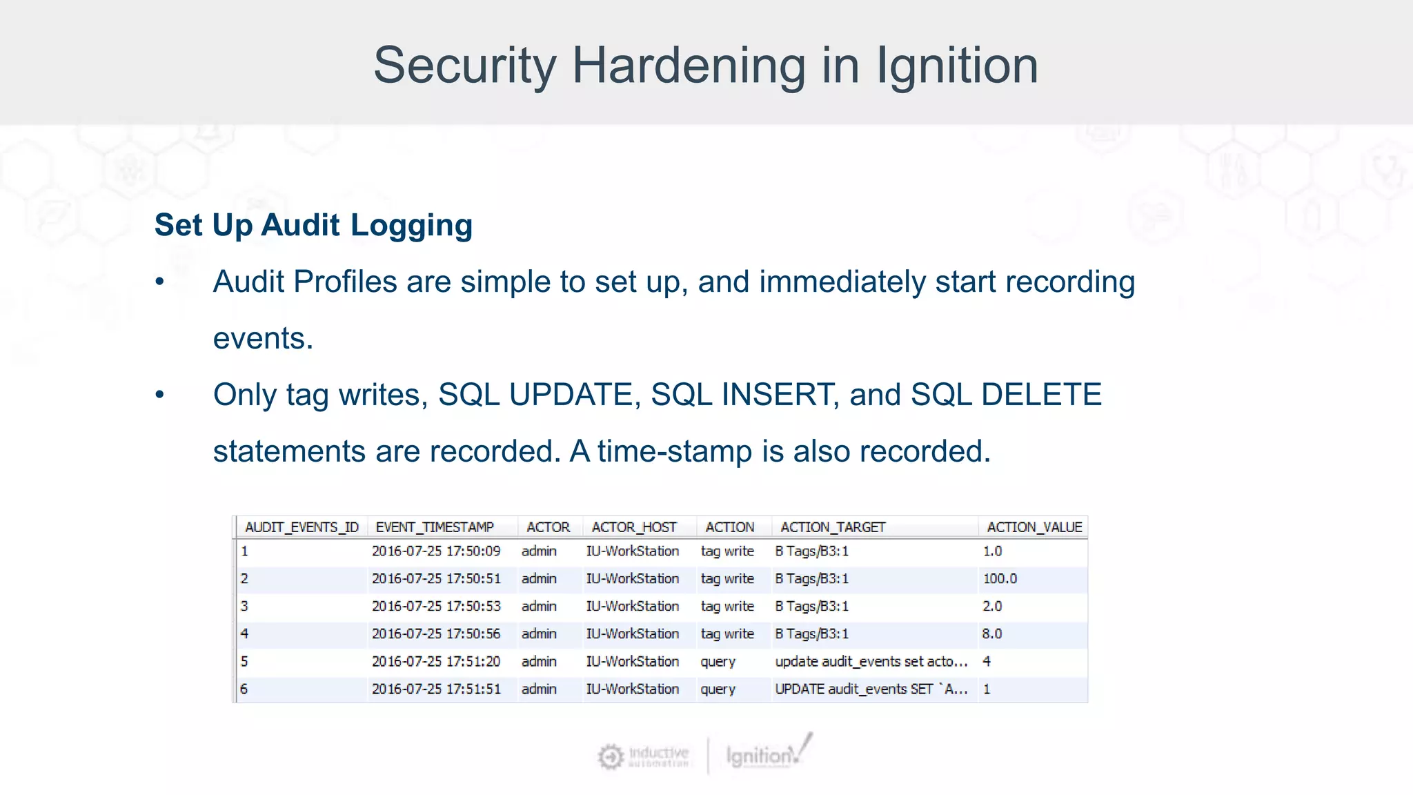 Security Hardening in Ignition
Set Up Audit Logging
• Audit Profiles are simple to set up, and immediately start recording
events.
• Only tag writes, SQL UPDATE, SQL INSERT, and SQL DELETE
statements are recorded. A time-stamp is also recorded.
 