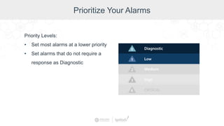 Prioritize Your Alarms
Priority Levels:
• Set most alarms at a lower priority
• Set alarms that do not require a
response as Diagnostic
 