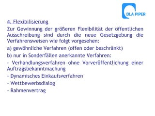 4. Flexibilisierung
Zur Gewinnung der größeren Flexibilität der öffentlichen
Ausschreibung sind durch die neue Gesetzgebung die
Verfahrensweisen wie folgt vorgesehen:
a) gewöhnliche Verfahren (offen oder beschränkt)
b) nur in Sonderfällen anerkannte Verfahren:
- Verhandlungsverfahren ohne Vorveröffentlichung einer
Auftragsbekanntmachung
- Dynamisches Einkaufsverfahren
- Wettbewerbsdialog
- Rahmenvertrag

 