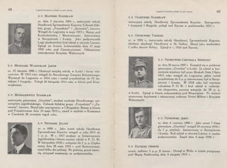 68 Legjoniści-łod zian ie polegli na polu chwały
ś. P. MACIŃSKI STANISLAW
ur. dnia 5 stycznia 1894 r. ~ maturzysta szkoły
Handlowej Zgromadzenia Kupców. Członek łódz­
kiej grupy „Przyszłości" i „Zarzewia", harcerz.
Wstąpił do Legjonów w maju 1915 r. Ranny pod
Kostiuchnówką i Maniewiczami. Internowany
w Szczypiornie i Łomży. Jako podporucznik
Legji akademickiej brał udział w obronie Lwowa.
Zginął na froncie bolszewickim dnia 17 maja
1920 roku pod Czerniewiczami. Odznaczony
czterokrotnie Krzyżem Walecznych.
Ś. P. MICHALSKI WŁADYSŁAW JAKÓB
ur. 22 sierpnia 1896 r. Ukończył miejską szkołę w Łodzi i kursy wie-
czorowe. W 1913 roku wstąpił do Narodowego Związku Robotniczego.
Wyruszył do Legjonów w 1914 roku i został przydzielony do IV ba-
taljonu I brygady. Poległ 18 listopada 1914 roku w bitwie pod Krzy-
wopłotami.
Ś. P. MICHALKIEWICZ STANISLAW
maturzysta gimnazjum „Uczelnia", student wydziału filozoficznego uni-
wersytetu Jagiellońskiego. Członek łódzkiej grupy .Przyszłości" i „Za-
rzewia", harcerz. Służył jako szeregowiec w I Brygadzie. Ranny w bitwie
pod Przepiórowem dnia 23 maja 1915 r., zmarł w szpitalu w Kosmanos
w Czechach 28 września tegoż roku.
Ś. P. NEUMARK JULJAN
ur. w 1898 r. Jako uczeń szkoły Handlowej
Zgromadzenia Kupców wstąpił w roku 1915 do
1 p. p. W r. 1917 studjuje w Uniwersytecie
Jagiellońskim i bierze czynny udział w P. O. W.
W listopadzie 1918 r. wstępuje do 5 p. p. Ciężko
ranny dnia 28 maja 1919 r. pod Szutowiczami,
zmarł kilka dni później. Na godzinę przed śmier­
cią otrzymał nominację na podporucznika.
Legj o ni ści-ł o dziani e polegli na polu ch wa ły 69
ś. P. OLSZEWSKI STANISŁAW
maturzysta szkoły Handlowej Zgromadzenia Kupców. Szeregowiec
I kompanii I Brygady, poległ nad Styrem w październiku 1915 r.
ś. P. OSTROWSKI TADEUSZ
ur. w 1894 r., maturzysta szkoły Handlowej Zgromadzenia Kupców,
słuchacz akademii Handlowej w St. Gallen. Służył jako wachmistrz
I pułku ułanów Beliny. Zginął w r. 1916 nad Styrem.
ś. P. PĘCZKOWSKI-GRZYMAŁA BENEDYKT
ur. dnia 20 marca 1897 r. Kształcił się w polskiem
gimnazjum „Uczelnia" w Łodzi. Za udział w har-
cerstwie więziony był przez Moskali. Dnia 3 lipca
1915 roku wstąpił do Legjonów, gdzie został
przydzielony do 6 p. p. Internowany był w Szczy-
piornie i Łomży. W 1918 roku był czynnym
członkiem P. O. W. i brał udział w rozbroje-
niu okupantów, poczem wstępuje do 28 p. p.
w Łodzi. Zginął w bitwie radzymińskiej pod Nieporętem. Po śmierci
mianowany kapitanem i odznaczony orderem Virtuti Milit_ari i Krzyżem
Walecznych.
ś. P. PĘTKOWSKI JERZY
ur. dnia 4 czerwca 1896 r. Jako uczeń 7 klasy
gimnazjum „Uczelnia" wstąpił 24 czerwca 1916 r,
do I p. artylerji. Internowany w Szczypiornie
i Łomży. Brał udział w obronie Lwowa w randze
podporucznika. Zmarł dnia 4 maja 1920 r.
ś. P. RACIĘCKI HENRYK
uczeń, żoł~ierz 5 p. p. Il baonu. Utonął w Wiśle w czasie przeprawy
pod Słupią Nadbrzeżną dnia 3 sierpnia 1915 r.
 