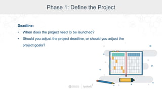 Phase 1: Define the Project
Deadline:
• When does the project need to be launched?
• Should you adjust the project deadline, or should you adjust the
project goals?
 