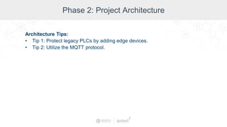 Phase 2: Project Architecture
Architecture Tips:
• Tip 1: Protect legacy PLCs by adding edge devices.
• Tip 2: Utilize the MQTT protocol.
 
