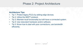 Phase 2: Project Architecture
Architecture Tips:
• Tip 1: Protect legacy PLCs by adding edge devices.
• Tip 2: Utilize the MQTT protocol.
• Tip 3: Maintain local functionality but still have a connected system.
• Tip 4: Use redundant hardware and/or software.
• Tip 5: Know how to deal with poor connections; use bandwidth
efficiently.
 