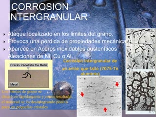 CORROSION
INTERGRANULAR
 Ataque localizado en los limites del grano.
 Provoca una pérdida de propiedades mecánicas.
 Aparece en Aceros inoxidables austeníticos
Aleaciones de Ni, Cu o Al.
Corrosión Intergranular de
un avión que falló (7075-T6
aluminio)
Los límites de grano se
disuelven rápidamente y como resultado,
el material se va desintegrando poco a
poco en pequeños cristales
 