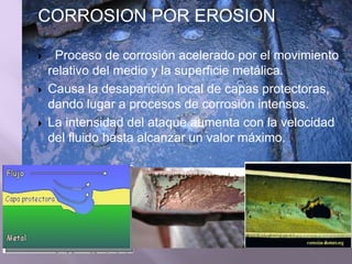 CORROSION POR EROSION
 Proceso de corrosión acelerado por el movimiento
relativo del medio y la superficie metálica.
 Causa la desaparición local de capas protectoras,
dando lugar a procesos de corrosión intensos.
 La intensidad del ataque aumenta con la velocidad
del fluido hasta alcanzar un valor máximo.
 