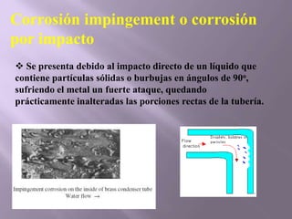 Corrosión impingement o corrosión
por impacto
 Se presenta debido al impacto directo de un líquido que
contiene partículas sólidas o burbujas en ángulos de 90o,
sufriendo el metal un fuerte ataque, quedando
prácticamente inalteradas las porciones rectas de la tubería.
 