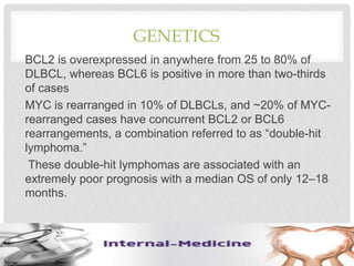 GENETICS
BCL2 is overexpressed in anywhere from 25 to 80% of
DLBCL, whereas BCL6 is positive in more than two-thirds
of cases
MYC is rearranged in 10% of DLBCLs, and ~20% of MYC-
rearranged cases have concurrent BCL2 or BCL6
rearrangements, a combination referred to as “double-hit
lymphoma.”
These double-hit lymphomas are associated with an
extremely poor prognosis with a median OS of only 12–18
months.
 