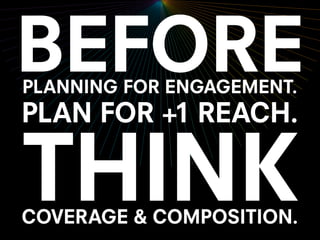 BEFOREPLANNING FOR ENGAGEMENT.
THINKCOVERAGE & COMPOSITION.
PLAN FOR +1 REACH.
 