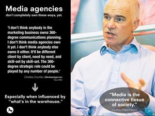 'I don't think anybody in the
marketing business owns 360-
degree communications planning.
I don't think media agencies own
it yet. I don't think anybody else
owns it either. It'll be different
client by client, need by need, and
skill-set by skill-set. The 360-
degree strategic role could be
played by any number of people.'
Media agencies
Especially when influenced by
“what’s in the warehouse.”
don’t completely own these ways, yet.
“Media is the
connective tissue
of society.”
Clay Shirky ‘Cognitive Surplus’
Now MEC
 