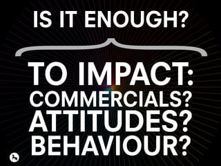 IS IT ENOUGH?
TO IMPACT:
COMMERCIALS?
ATTITUDES?
BEHAVIOUR?
 